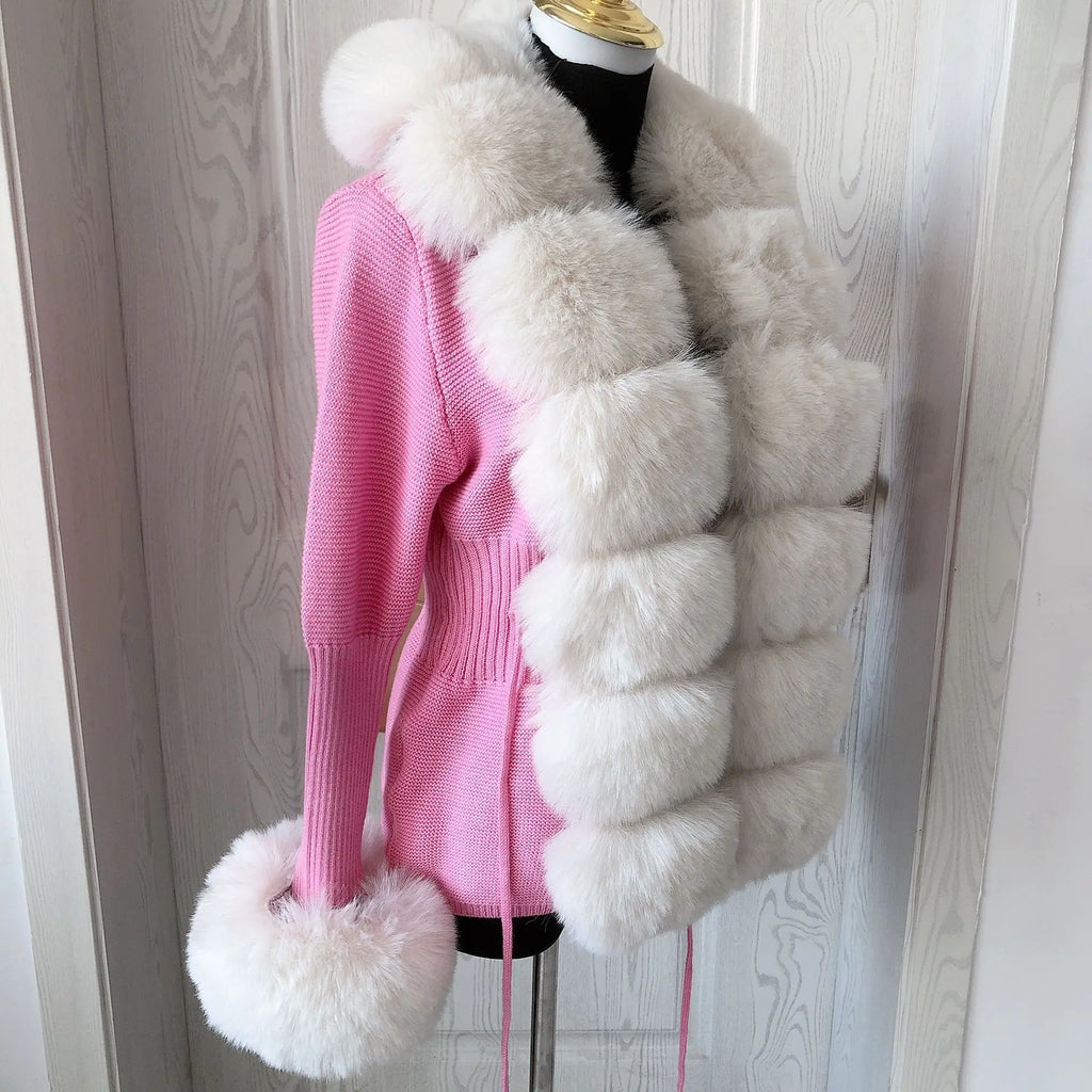 Damen Cardigan Strick Kragen Kunstpelz Fuchs Elegant – Chic & Luxuriöser Pullover Mantel | Frühling Herbst