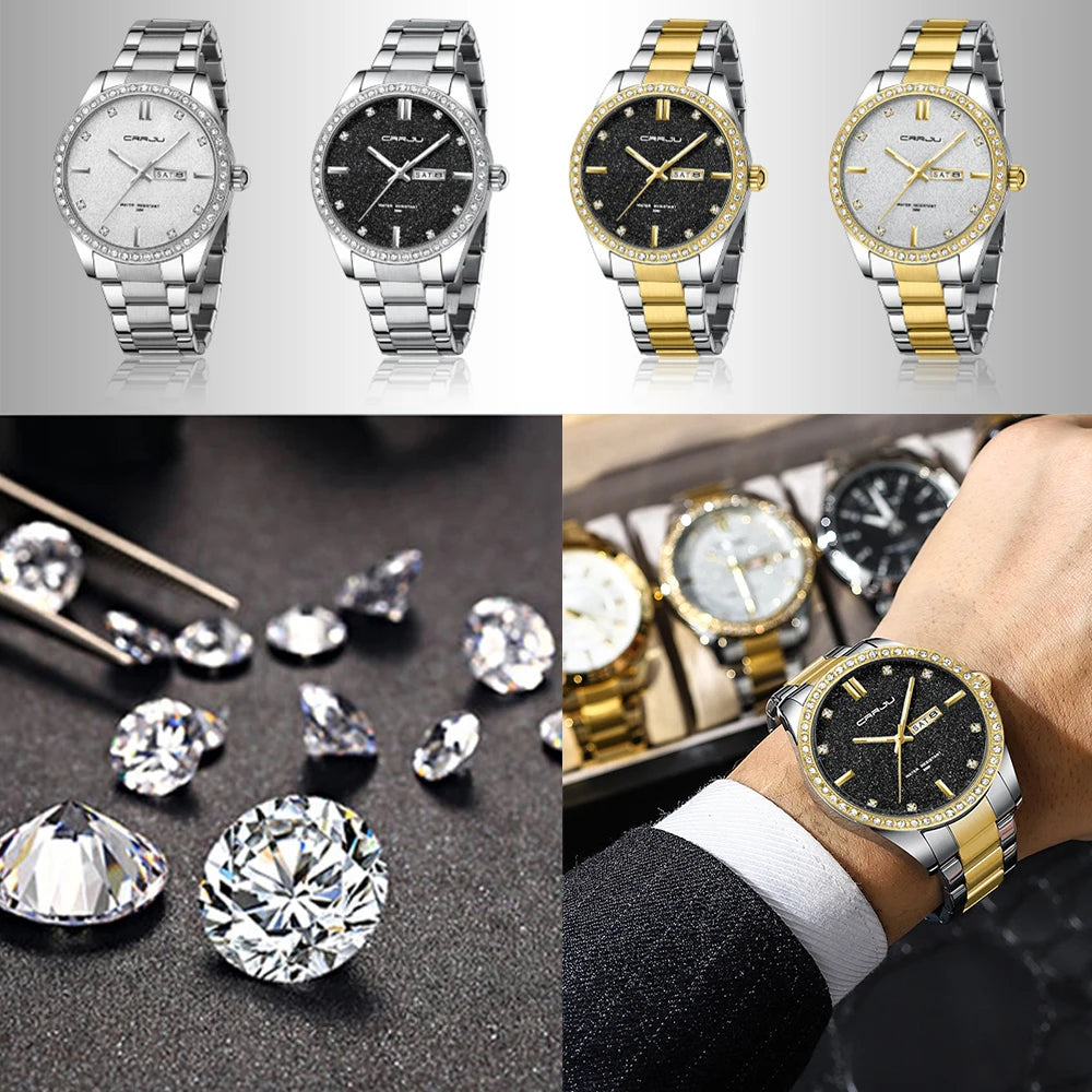 Montre Homme CRRJU Moissanite Diamant Luxe Cadran Doré Acier Inoxydable Lumineux Élégante Premium | Montre CRRJU Moissanite Diamant Luxe Premium
