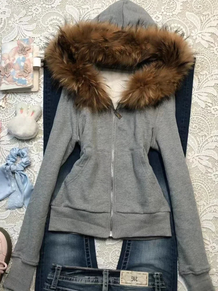Sweat à Capuche Femme Fourrure Synthétique Rose Vintage Américain Y2K Harajuku Col Fausse Fourrure Slim Centuré – Veste Tendance Hot Girl | Mode