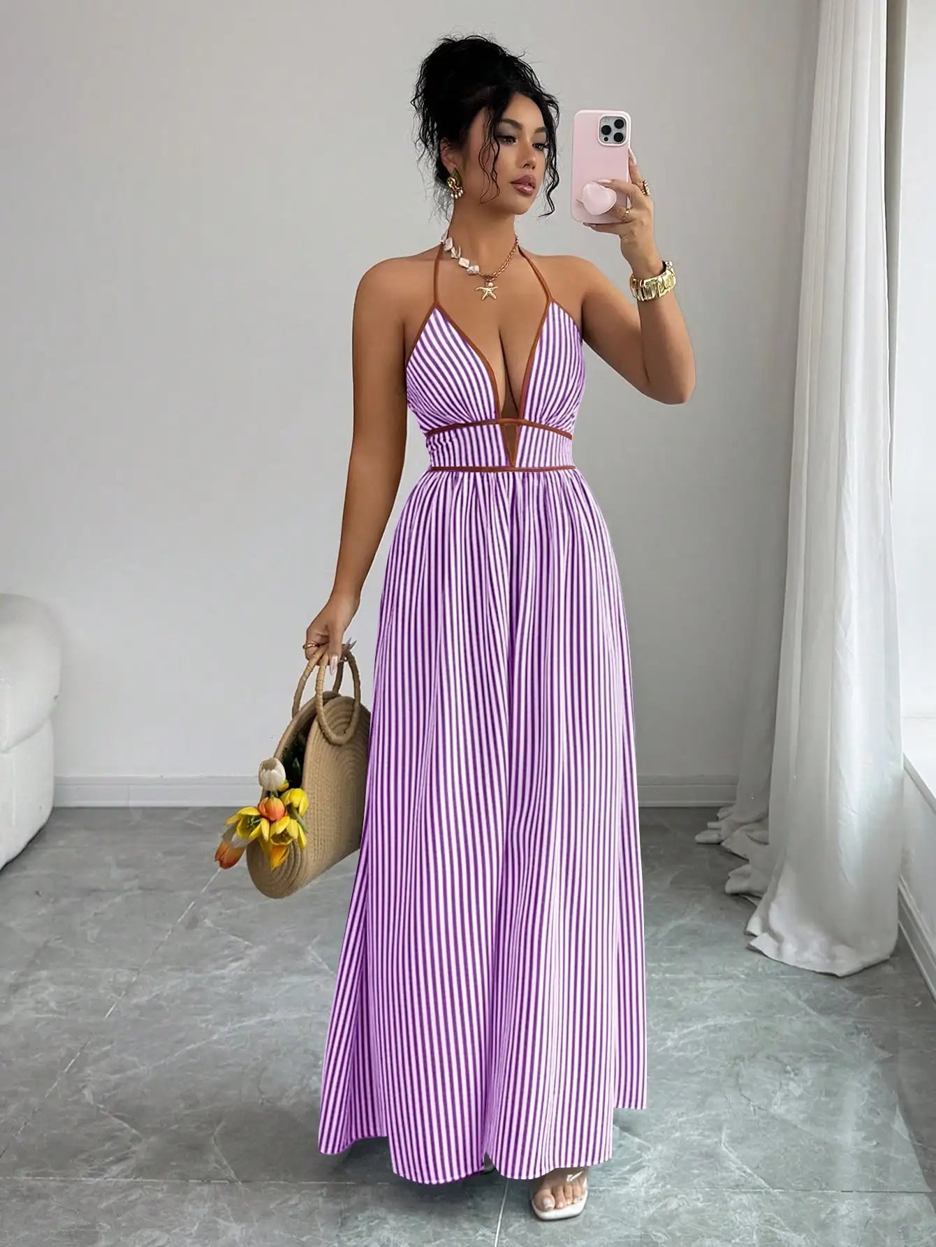 Robe Maxi Rayée Col Plongé Halter - Style Vacances & Plage Premium