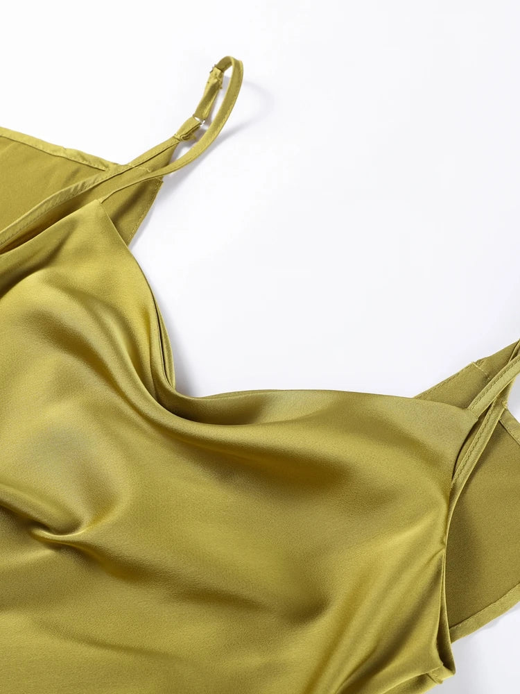 Robe Maxi Satin Femme Volantée Bretelles Fente Latérale Dos Nu Sans Manches Sexy – Longue Élégante Soirée Club | Glamour 2025
