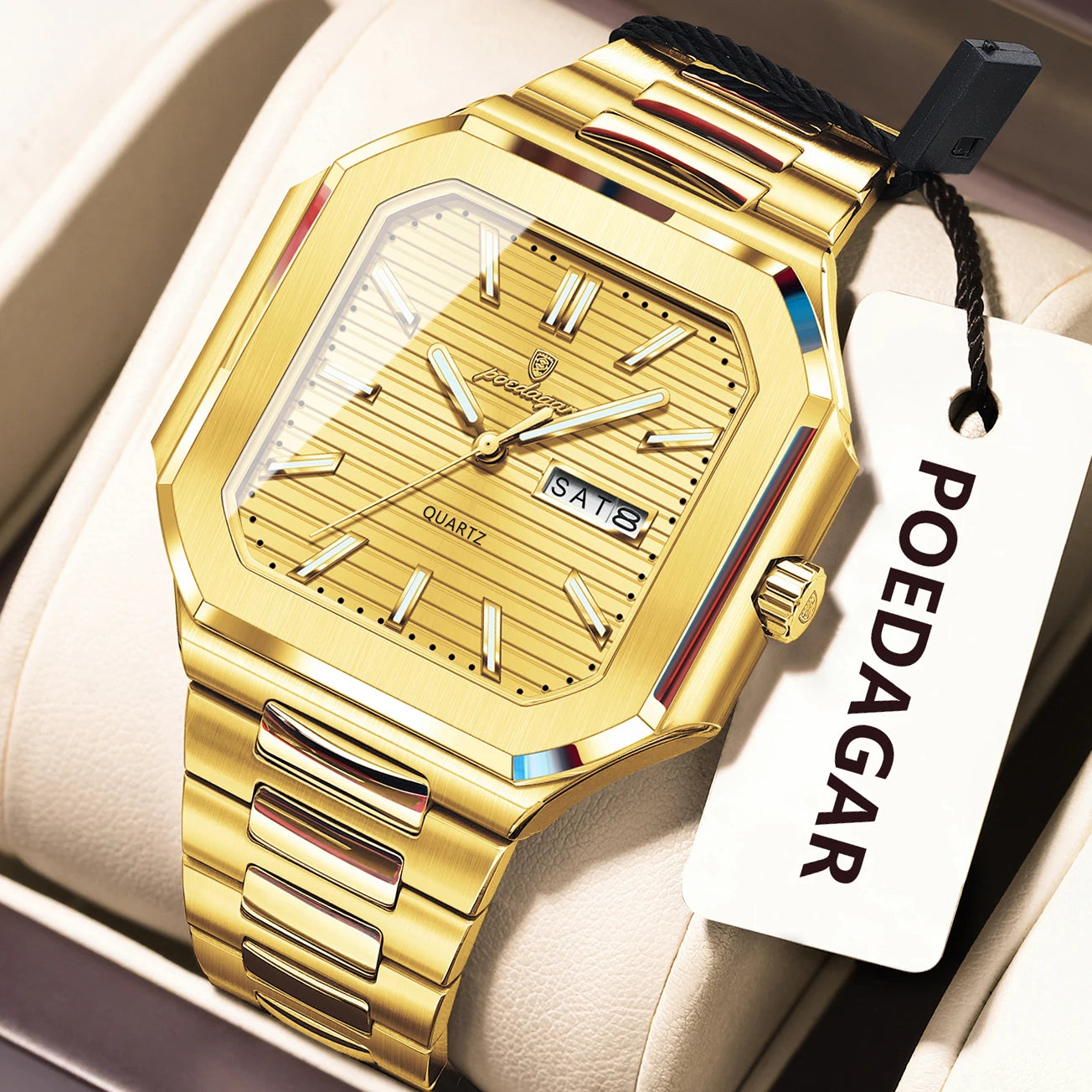 Montre Carrée Luxe Homme Poedagar – Quartz Étanche Lumineuse Date Semaine Acier Inoxydable Fashion