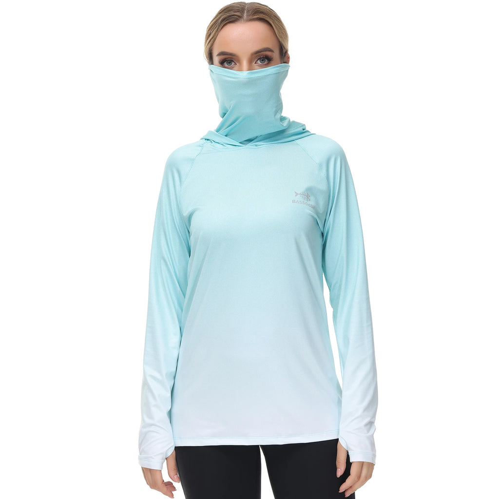 Bassdash Hoodie Anti-UV UPF 50+ Damen – Integrierte Gesichtsbedeckung & Daumenlöcher | Schnelltrocknend & Atmungsaktiv | Angeln, Wandern & Radfahren