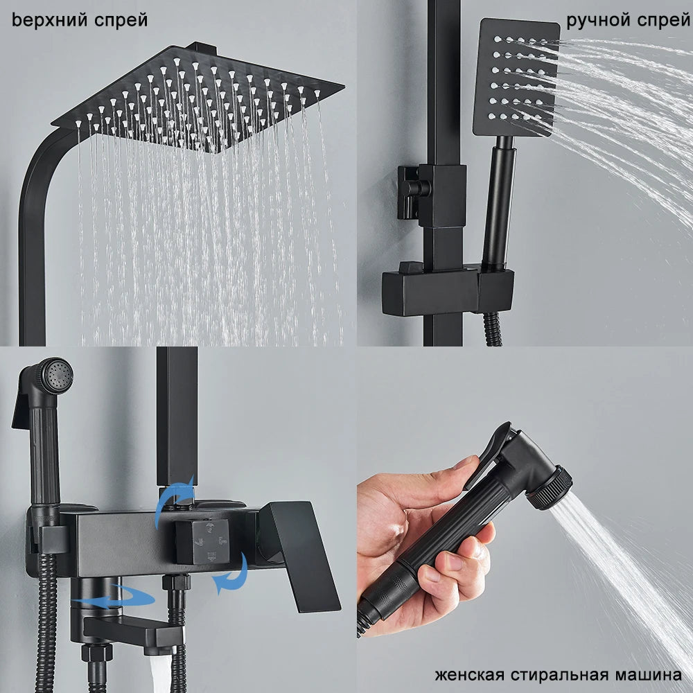 Ensemble Douche Pluie Mural Noir & Chrome Laiton – Étagère Offerte, Mitigeur Eau Chaude & Froide | Système Complet Salle de Bain