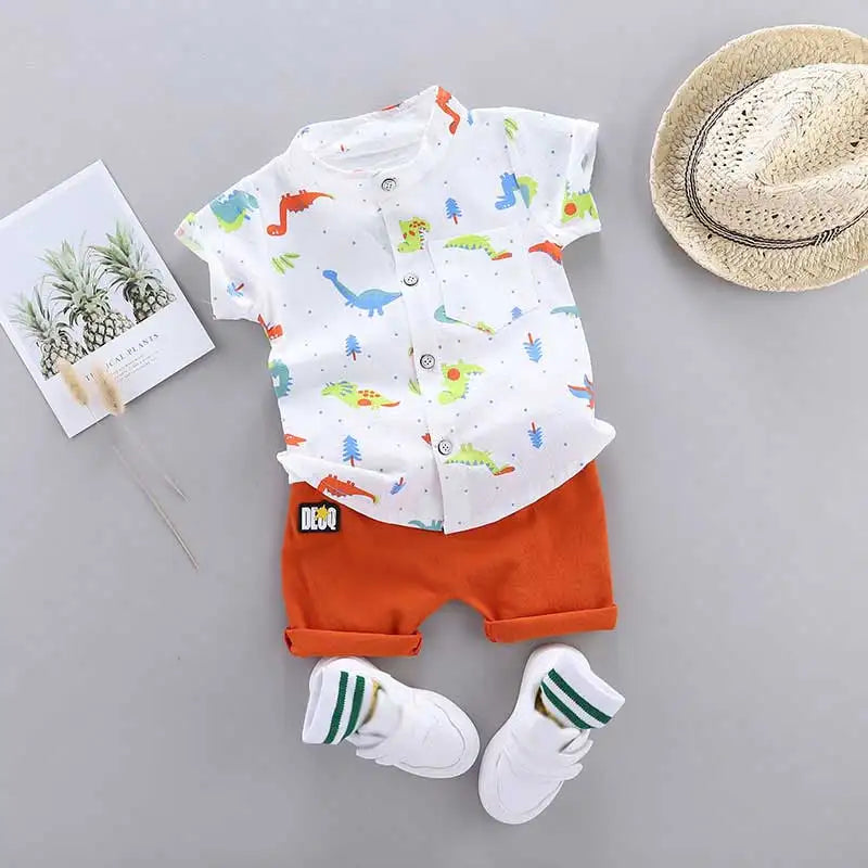Ensemble 2 Pièces Bébé Imprimé Dinosaure Cartoon – Chemise Col Montant Manches Courtes Garçon