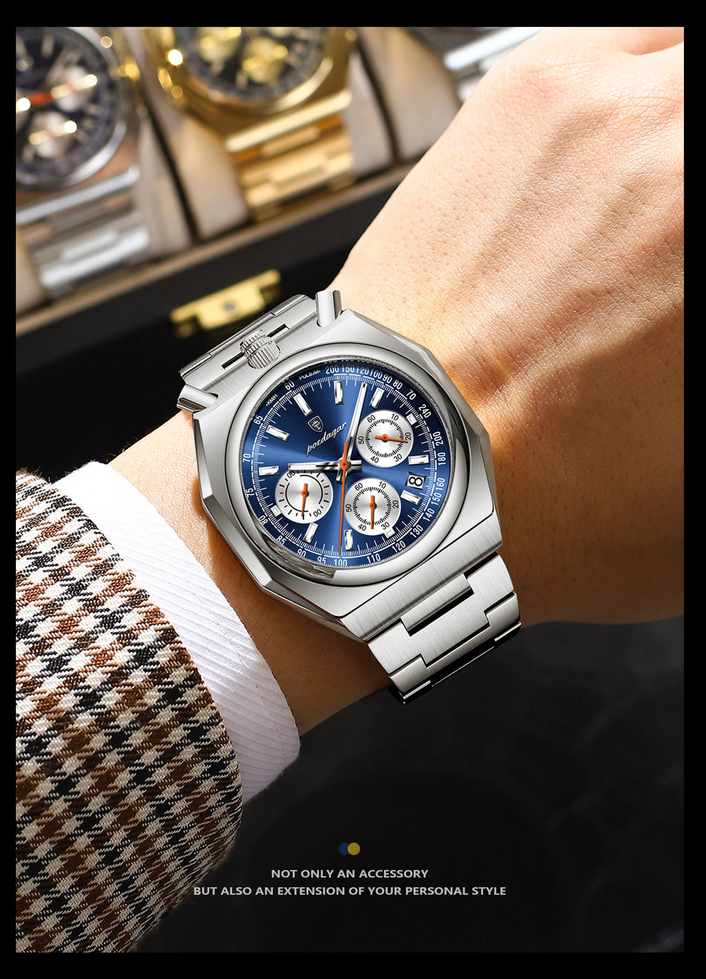 Montre Homme Luxe POEDAGAR Chronographe Militaire Acier Inoxydable Lumineux Étanche + Boîte