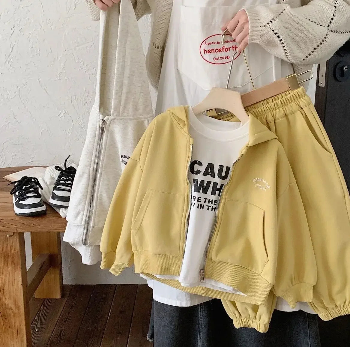 Ensemble 2 Pièces Enfant Coton Zippé à Capuche + Pantalon – Style Coréen Lettre Casual Printemps Automne