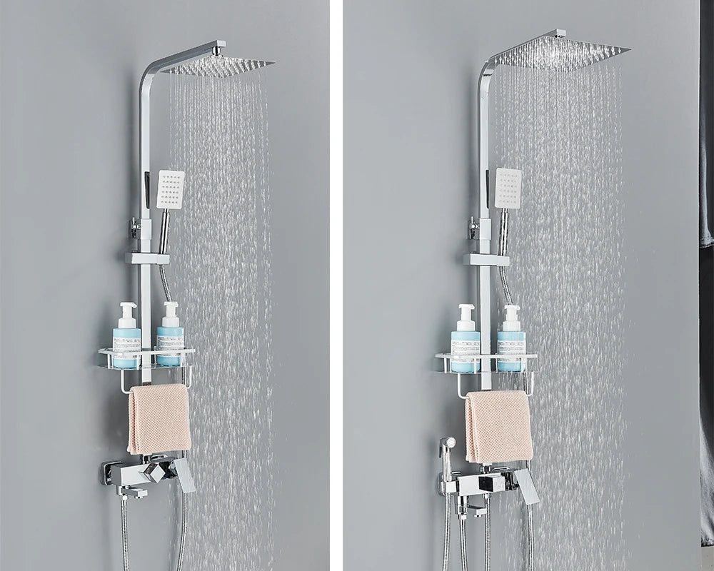 Rozin Ensemble Douche Pluie Mural Noir – Avec Bidet, Étagère & Bec Baignoire | Système Complet Laiton