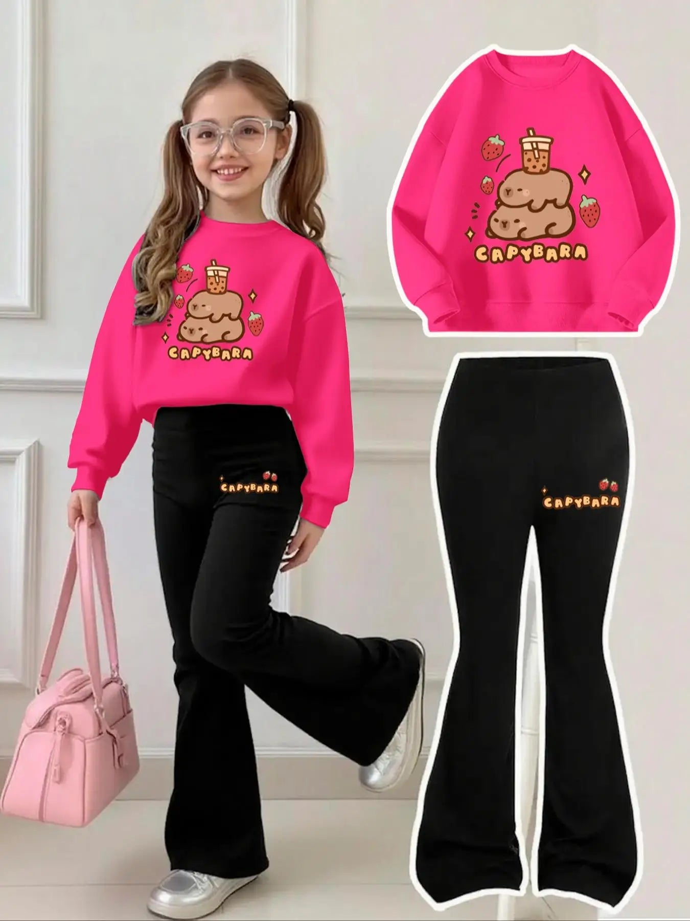 Ensemble Fille Capybara Milk Tea Sweat – Pantalon Pattes d'Éléphant Fraise 4-12 Ans
