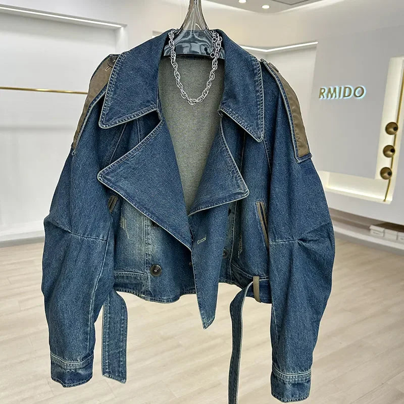 Veste Courte Femme Denim Bleu Col Rond Poches Style Coréen Ample – Mode Chic & Classique | Automne