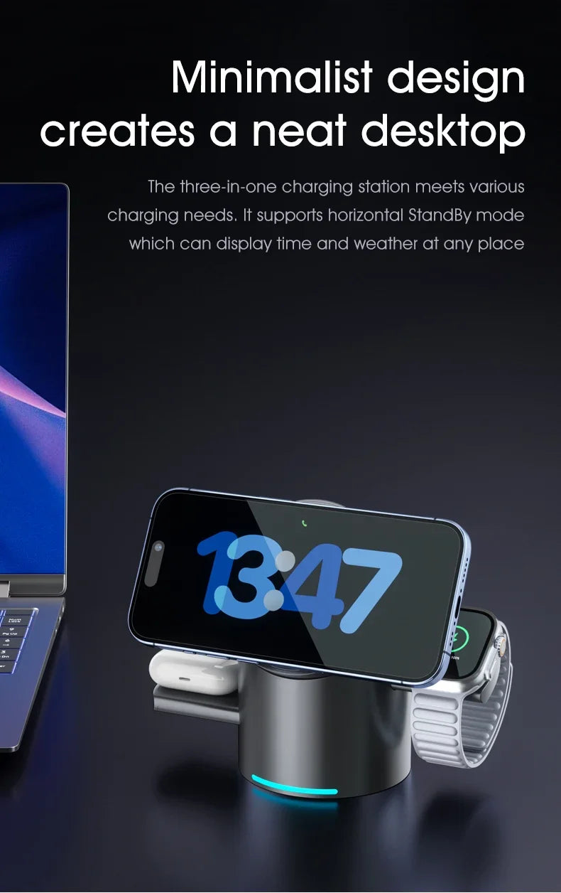 Chargeur Qi2 3-en-1 Multifonction Tactile Rotatif – iPhone 16 15 14 Pro Max iWatch Écouteurs