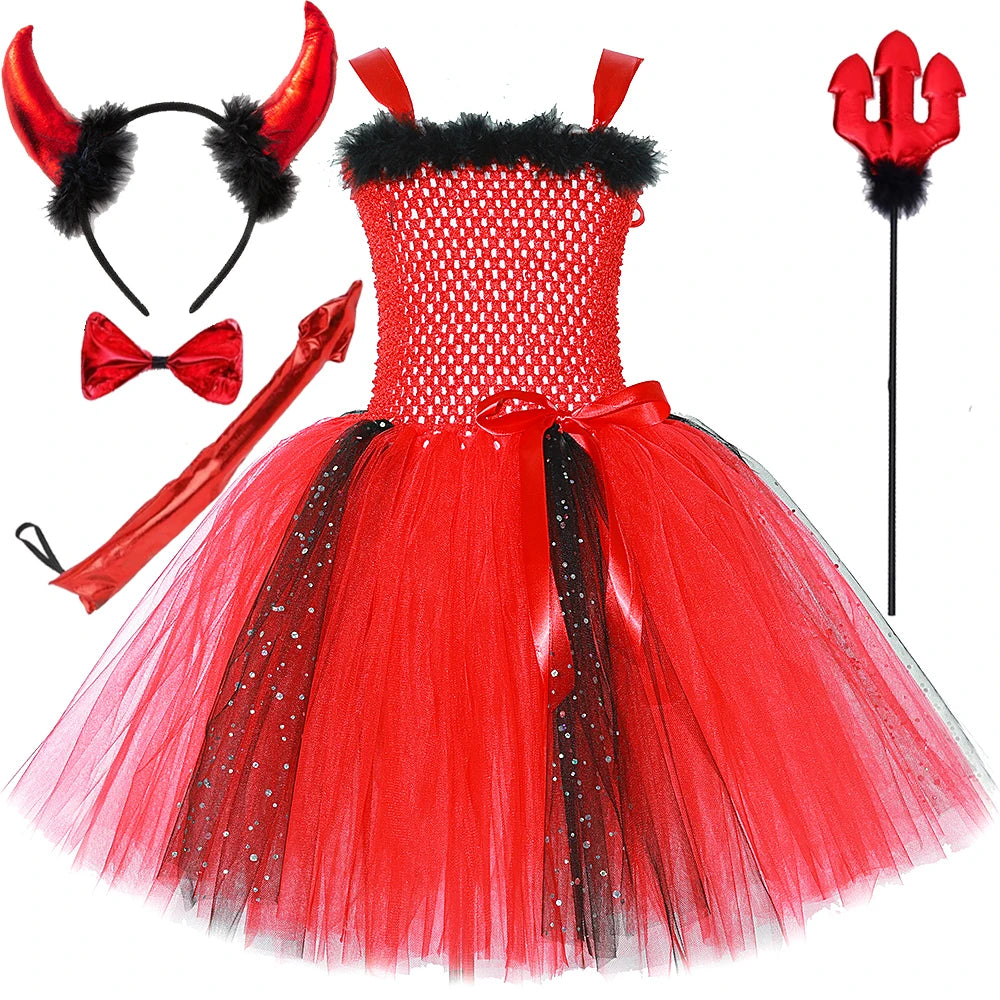 Déguisement Diablesse Rouge Fille – Robe Tutu Demon avec Ailes Cornes Trident Halloween Carnaval