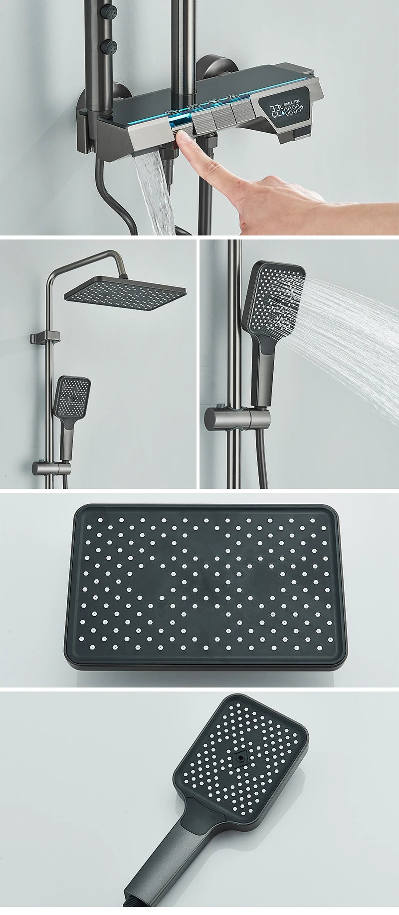 Rozin Ensemble Douche Pluie Gris – Affichage Digital, Style Piano, Mitigeur | Avec Bidet & Douchette