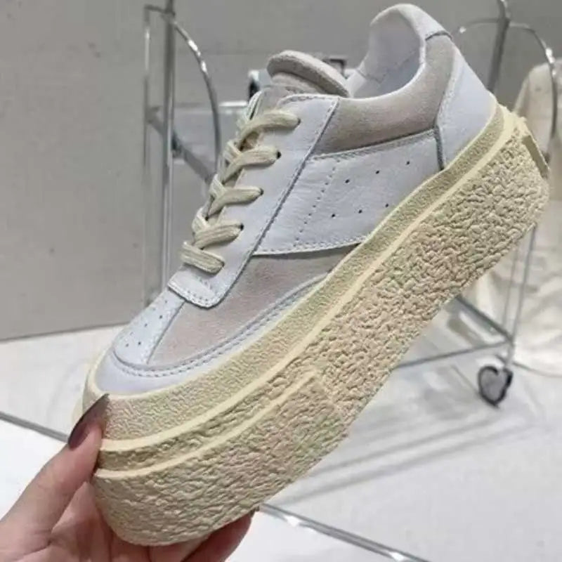 Chaussures Cuir Véritable Femme Cake Sole 2024 – Blanches Casual Élévées Sport Printemps