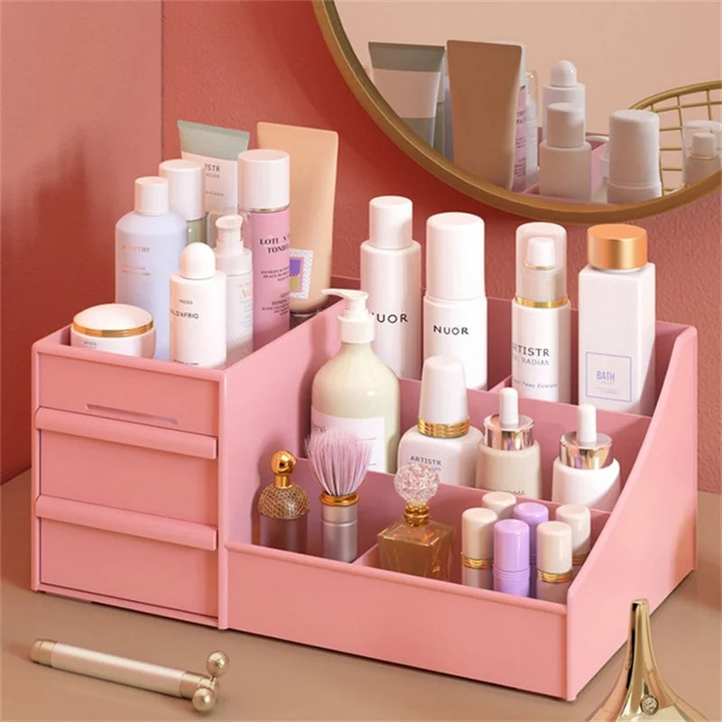 Boîte Rangement Maquillage Rose Tiroir Plastique – Étagère Bureau & Coiffeuse | Organisateur Cosmétiques Desktop