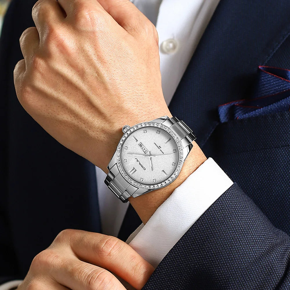 Montre Homme CRRJU Moissanite Diamant Luxe Cadran Doré Acier Inoxydable Lumineux Élégante Premium | Montre CRRJU Moissanite Diamant Luxe Premium