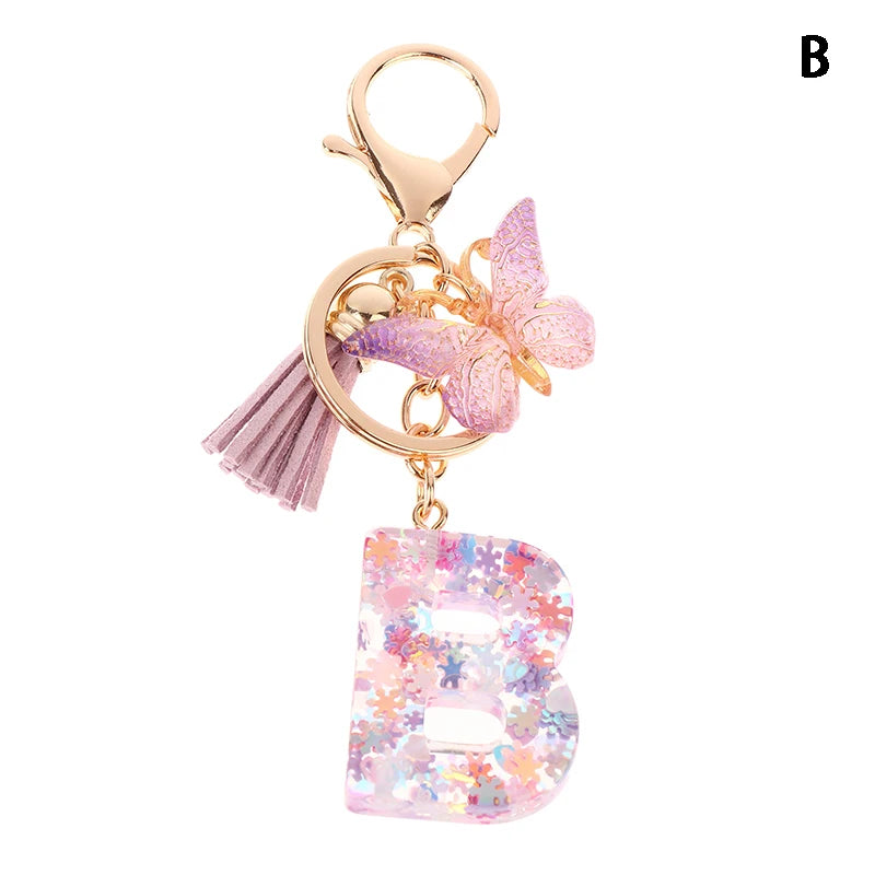 Porte-Clés Lettre Initiale Sequins Femme – Pendentif Papillon Pompon Sac Voiture Bijou