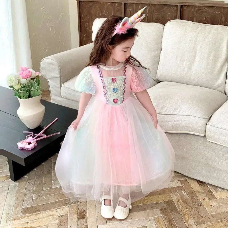 Robe Sirène Princesse Fille Paillettes Perles Manches Bouffantes – Déguisement Fête Halloween Cosplay