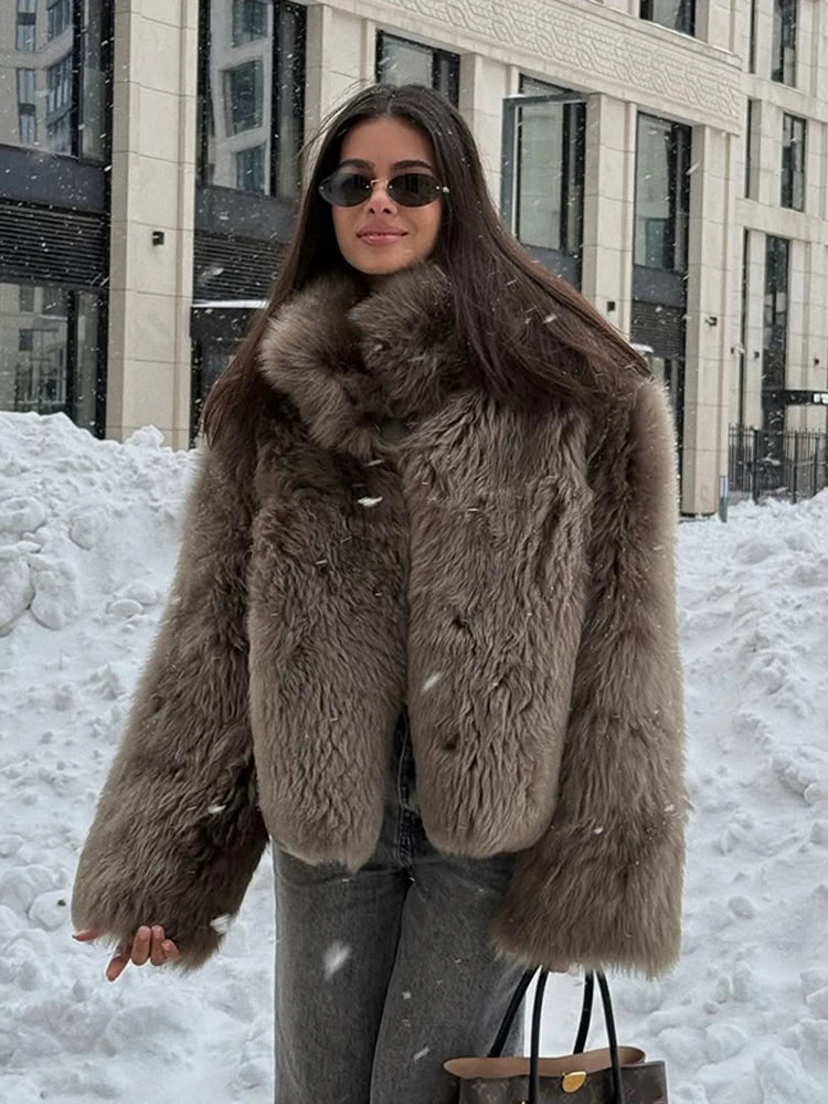 Manteau Femme Mi-Long Fausse Fourrure Col Revers Boutons Cachés Ample Élégant – Overcoat Bureau Chic | Hiver