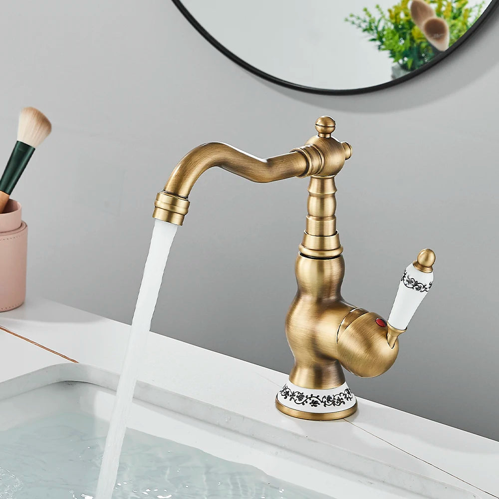 Robinet Laiton Antique Mono-Trou – Poignée Céramique Pivotante, Mitigeur Eau Chaude & Froide | Cuisine & Salle de Bain