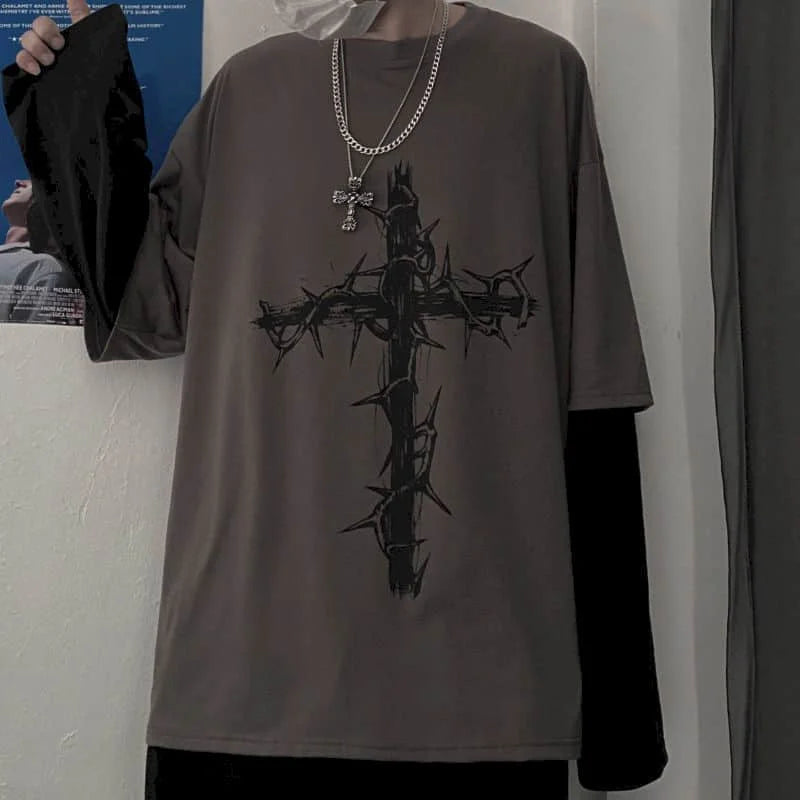 T-Shirt Homme Oversize Manches Longues Croix d'Épines Dark Hip-Hop Y2K Gothic Streetwear Été Tendance – Tee Graphique Dark Aesthetic Unisexe | Mode Streetwear Premium