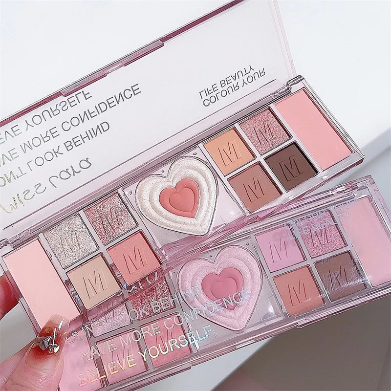 Palette Fards À Paupières 12 Couleurs Coeur Rose – Tons Froids Mat & Brun | Maquillage Coréen Naturel