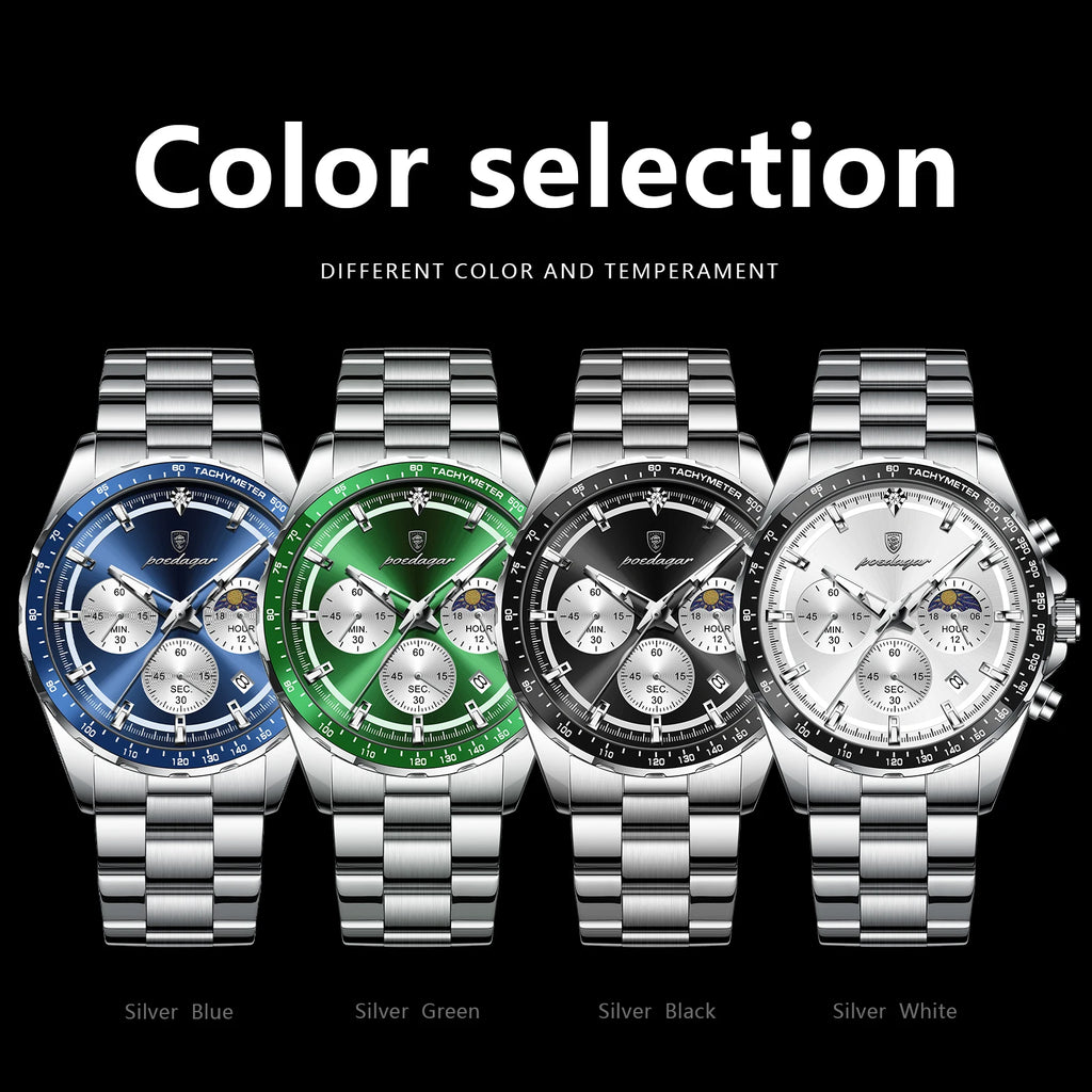Montre Homme POEDAGAR Business Quartz Chronographe – Acier Lumineux Étanche Date Fashion