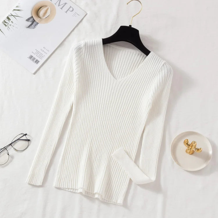 Pull Femme Col V Tricoté Manches Longues Casual Uni Basique – Sweater Chaud Confortable Automne Hiver | Mode Intemporelle
