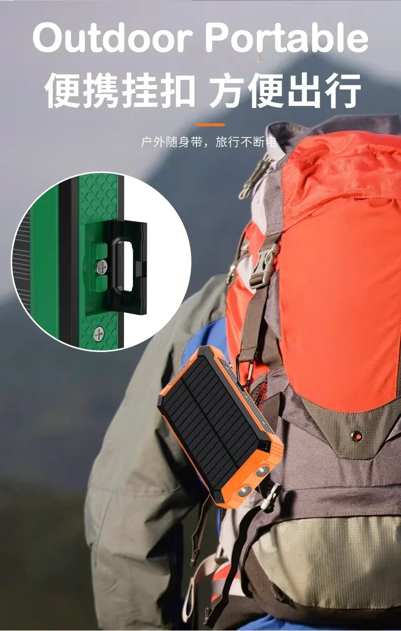 Power Bank Solaire 20000mAh – Charge Rapide Sans Fil 4 Câbles LED Lampe Torche Multifonction