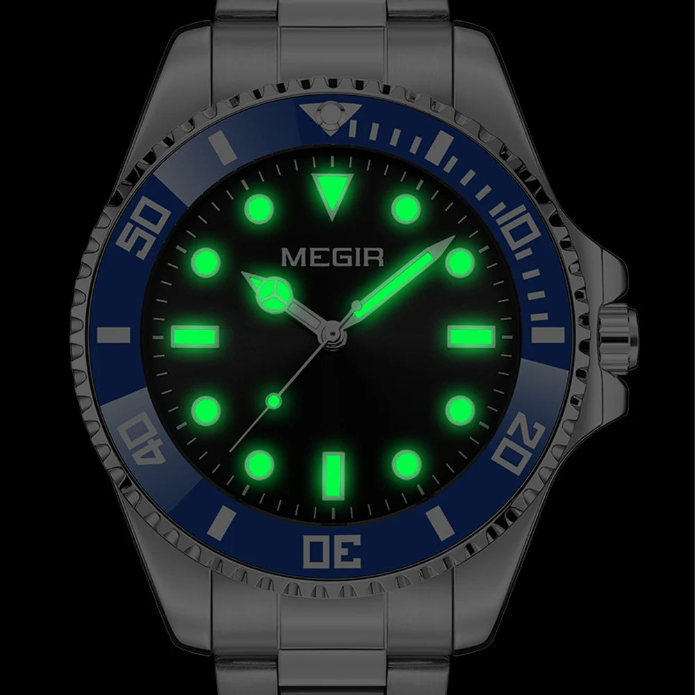 Montre Homme Luxe MEGIR Quartz Acier Calendrier – Classique Étanche Fashion