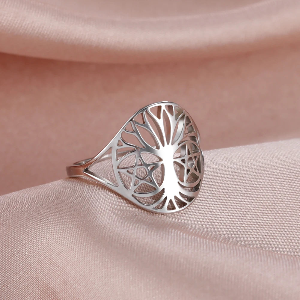 Bague Arbre de Vie Acier Inoxydable Argenté – Symbole Nature & Spiritualité | Bijou Unisexe Couple & Mariage | Cadeau Intemporel