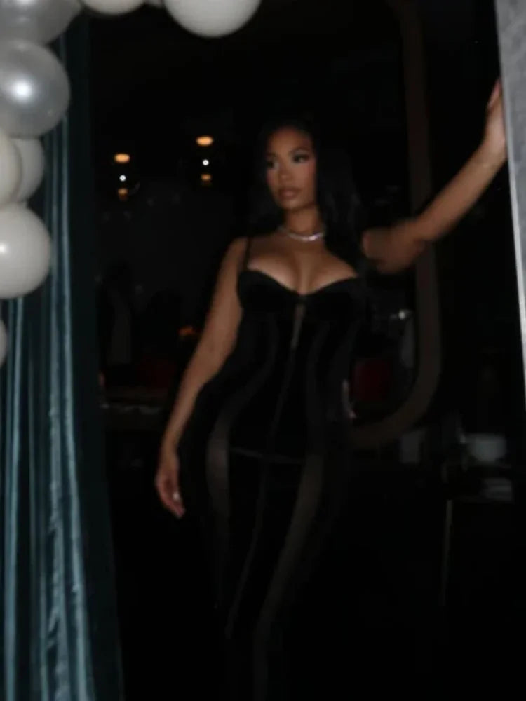 Robe Maxi Femme Velours Noir Transparente Mesh Épaules Dénudées Taille Cinée Slim – Soirée & Club | 2026
