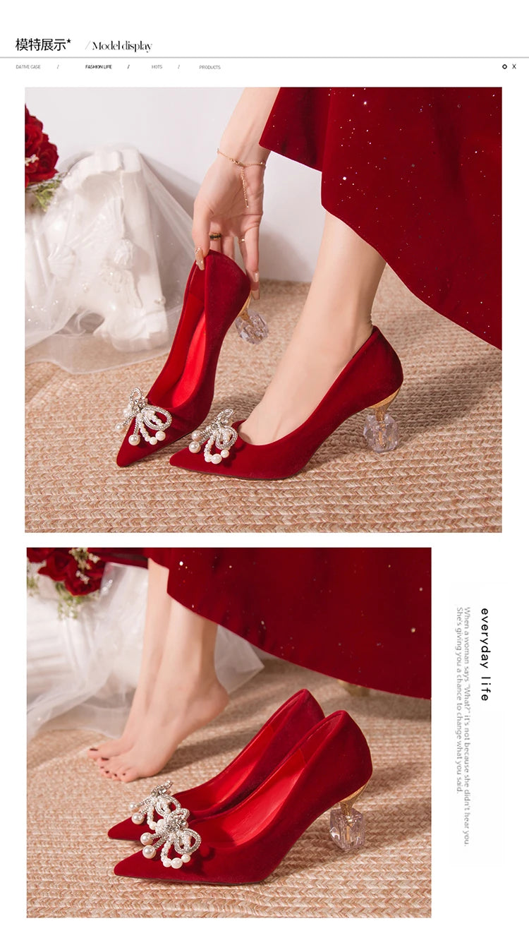 Chaussures Mariée Perle Talon Épais Bout Pointu – Xiuhe Robe Mariage Confortables