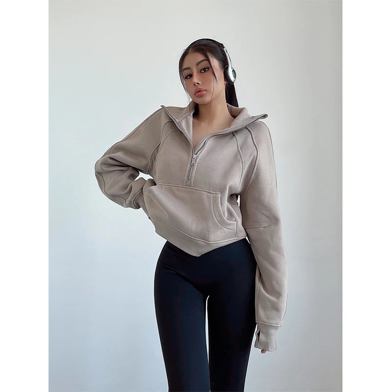 Sweat Femme Oversize Zip Polaire – Hoodie Streetwear Chaud Casual Rose Blanc