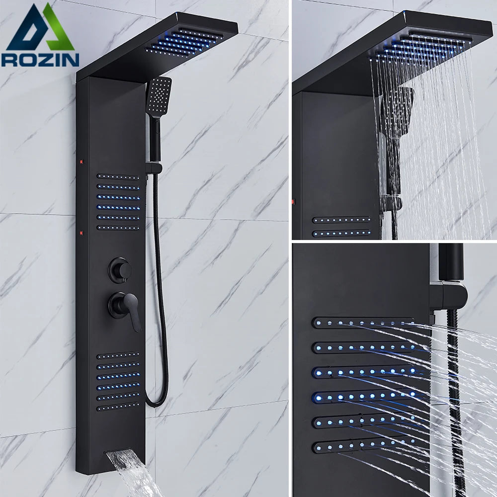 Rozin Colonne Douche Noire LED – 5 Modes dont Jets Massage & Cascade, Pluie, Affichage Digital | Panneau SPA Salle de Bain