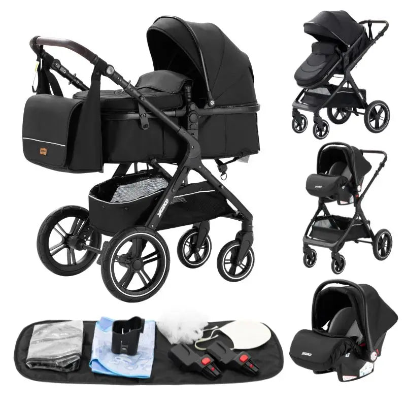Poussette Bébé 3 en 1 Luxe Pliable Noire – Cadre Aluminium, Haute Vue, Nacelle & Siège | Voyage Nouveau-Né & Nourrisson