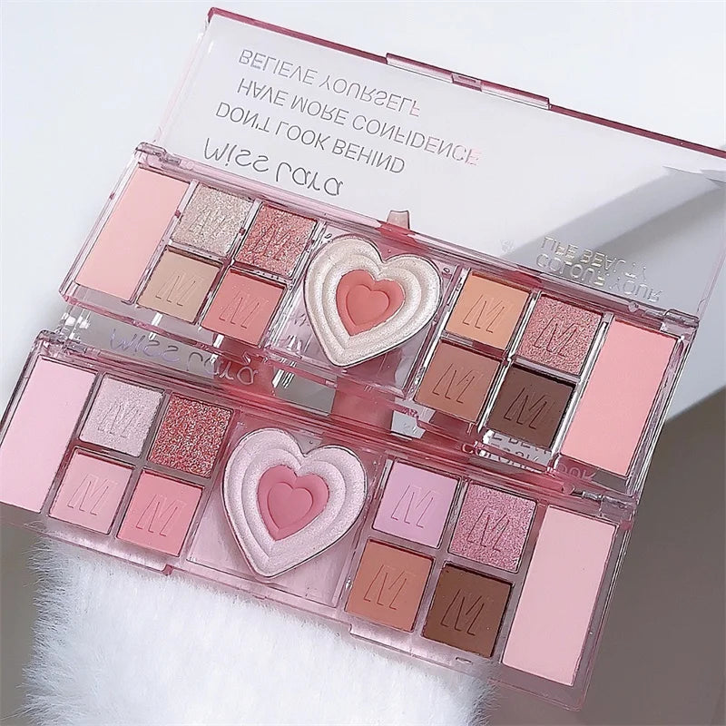 Palette Fards À Paupières 12 Couleurs Coeur Rose – Tons Froids Mat & Brun | Maquillage Coréen Naturel
