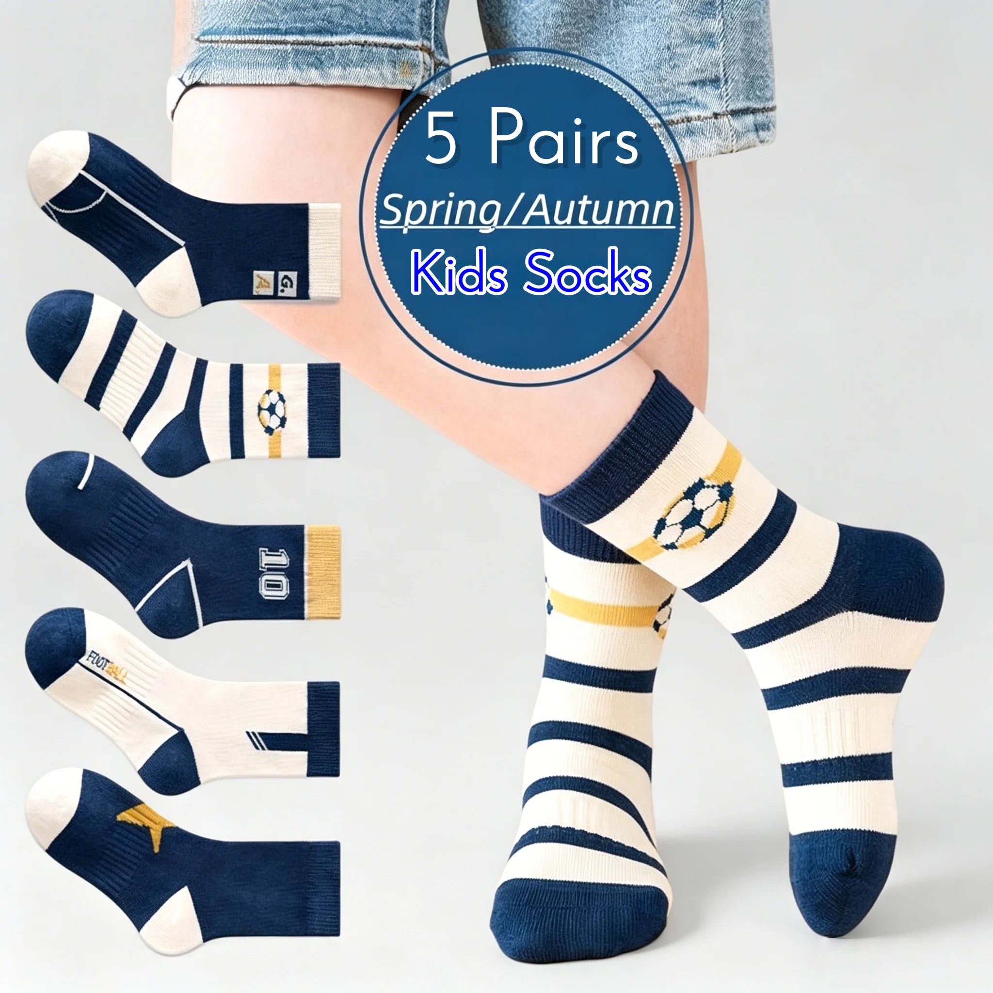 Lot 5 Paires Chaussettes Garçon Coton Rayures Motif Football – Chaussettes Enfant Printemps Automne 1-14 Ans
