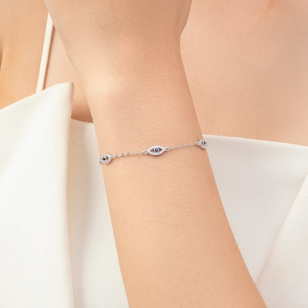 Bracelet Argent 925 Pur MODIAN Luxe – Yeux Turquoise Bleu & Zircon Cubique Cristal Transparent | Bijou Fin Femme Chaîne Maille Élégante & Hypoallergénique