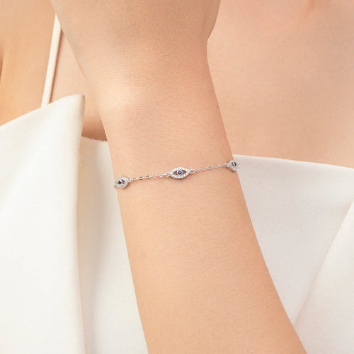 Bracelet Argent 925 Pur MODIAN Luxe – Yeux Turquoise Bleu & Zircon Cubique Cristal Transparent | Bijou Fin Femme Chaîne Maille Élégante & Hypoallergénique