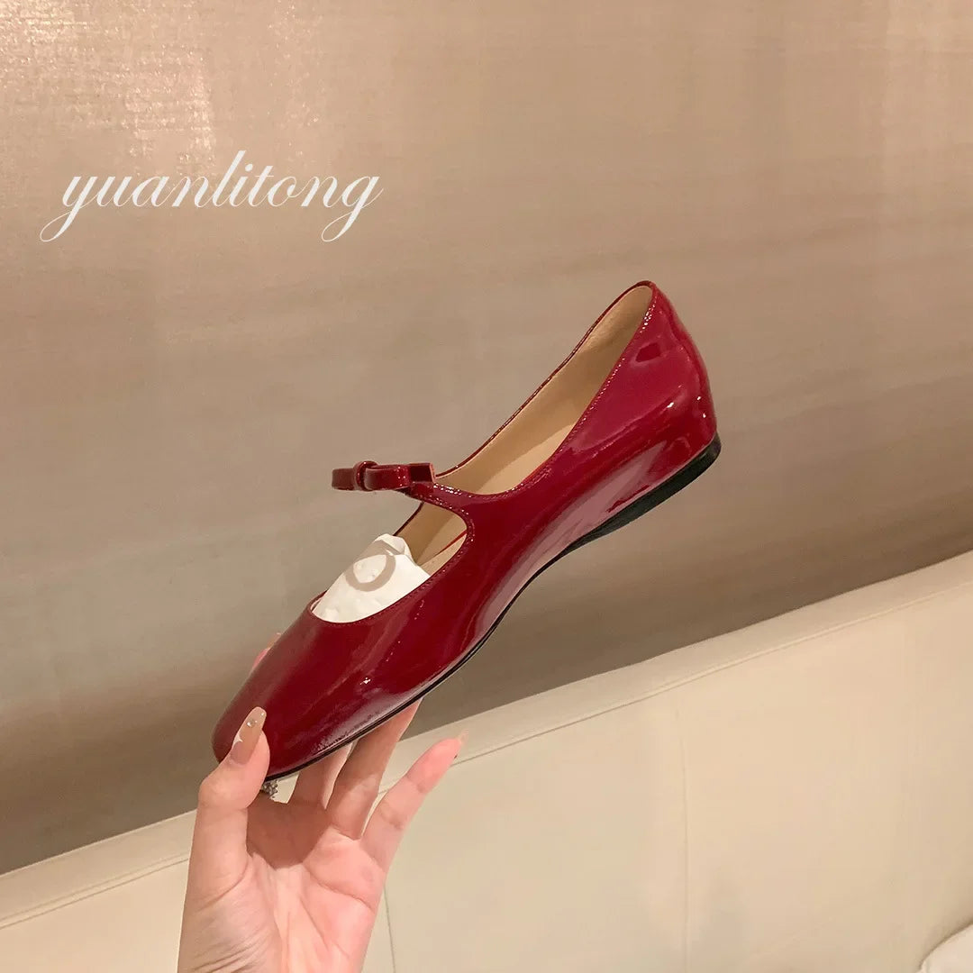 Ballerines Mary Jane Glossy Bowknot Rouge 2025 – Bout Carré Danse Mariage Bal Nuptial