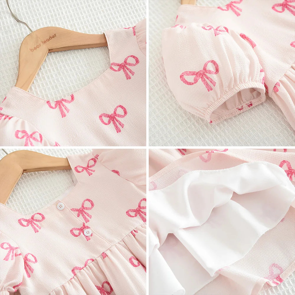 Robe Princesse Fille Manches Bouffantes Col Carré Nœud Imprimé – Tenue Casual Été 3-7 Ans