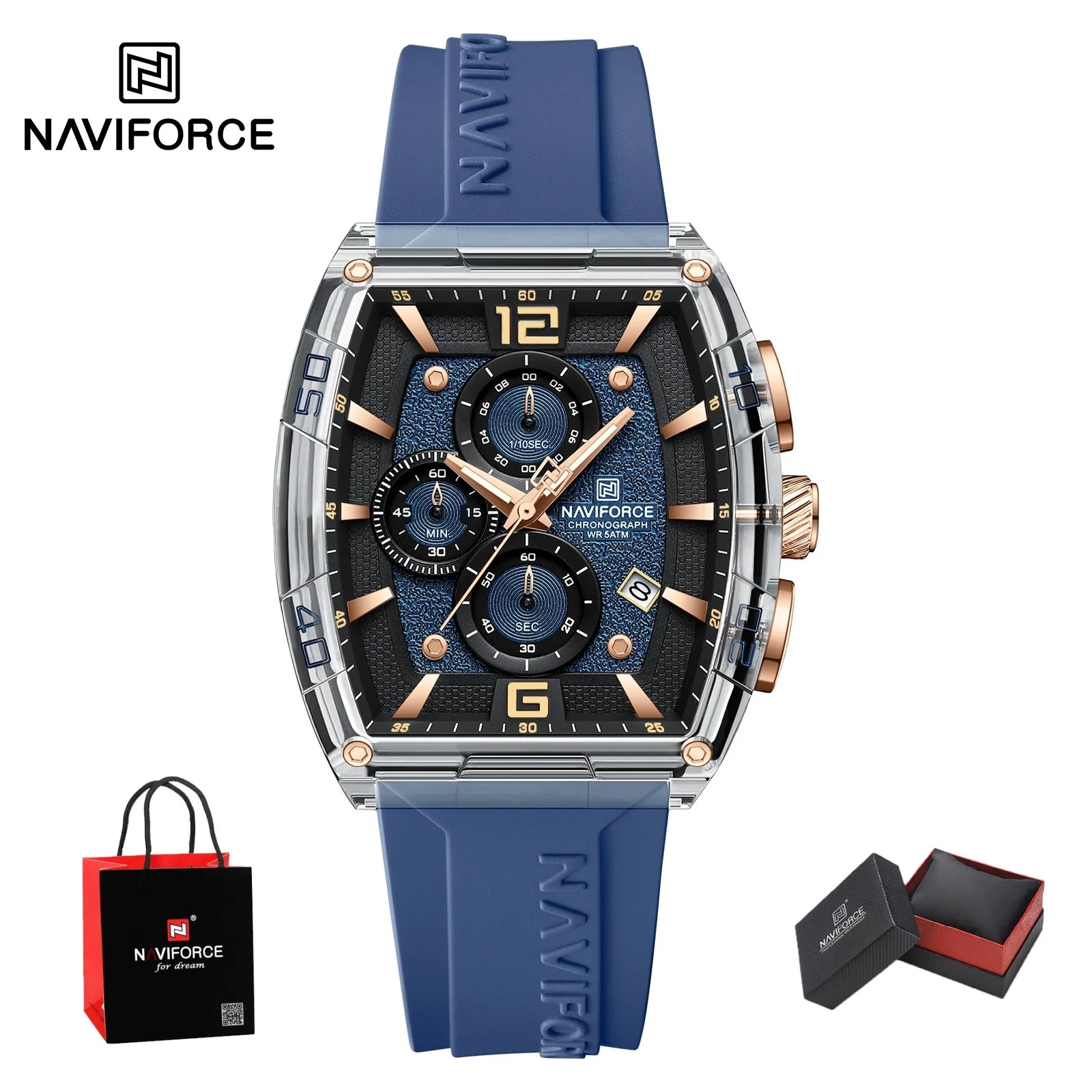 Montre Homme NAVIFORCE Luxe Sport Étanche Bracelet Silicone Quartz Lumineux Chronographe Coffret Cadeau Inclus | Montre NAVIFORCE Chronographe Sport Luxe Premium