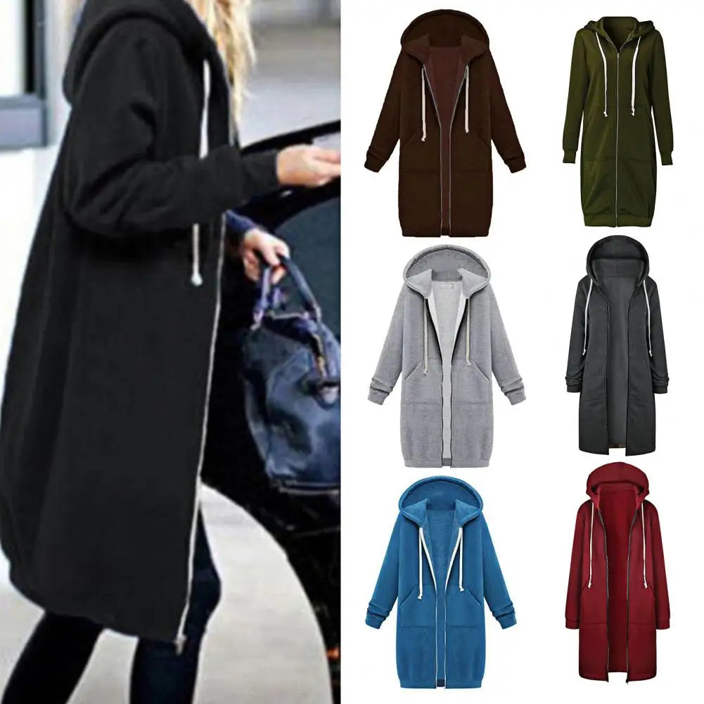 Veste Sweat Femme Polaire À Capuche Longue Zip Manches Longues Ample – Chaud & Confortable | Automne Hiver