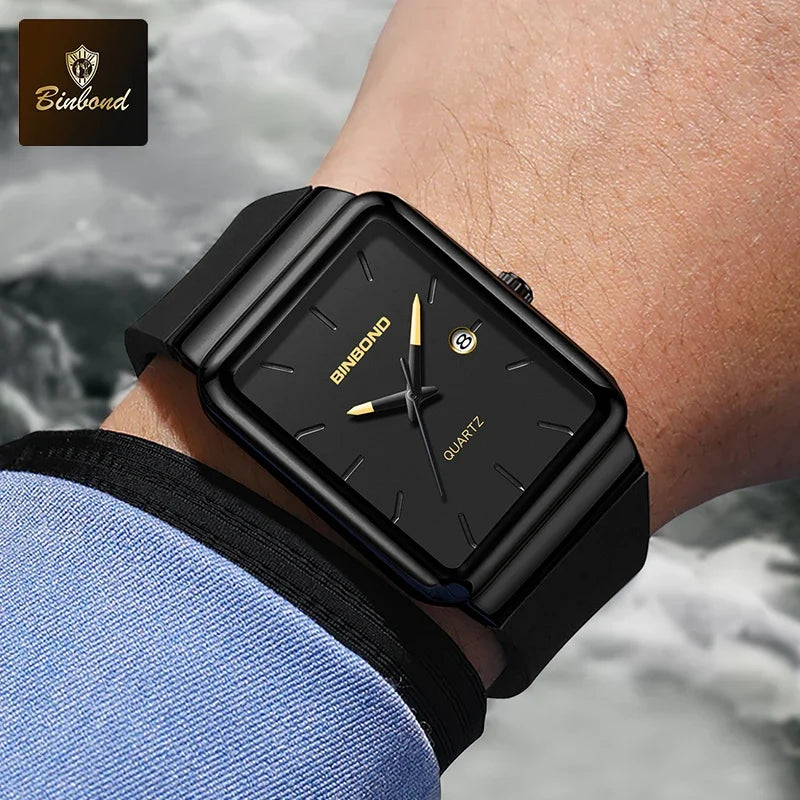 Montre Homme BINBOND Carré Quartz Silicone – Fashion Simple Étanche Tendance Original
