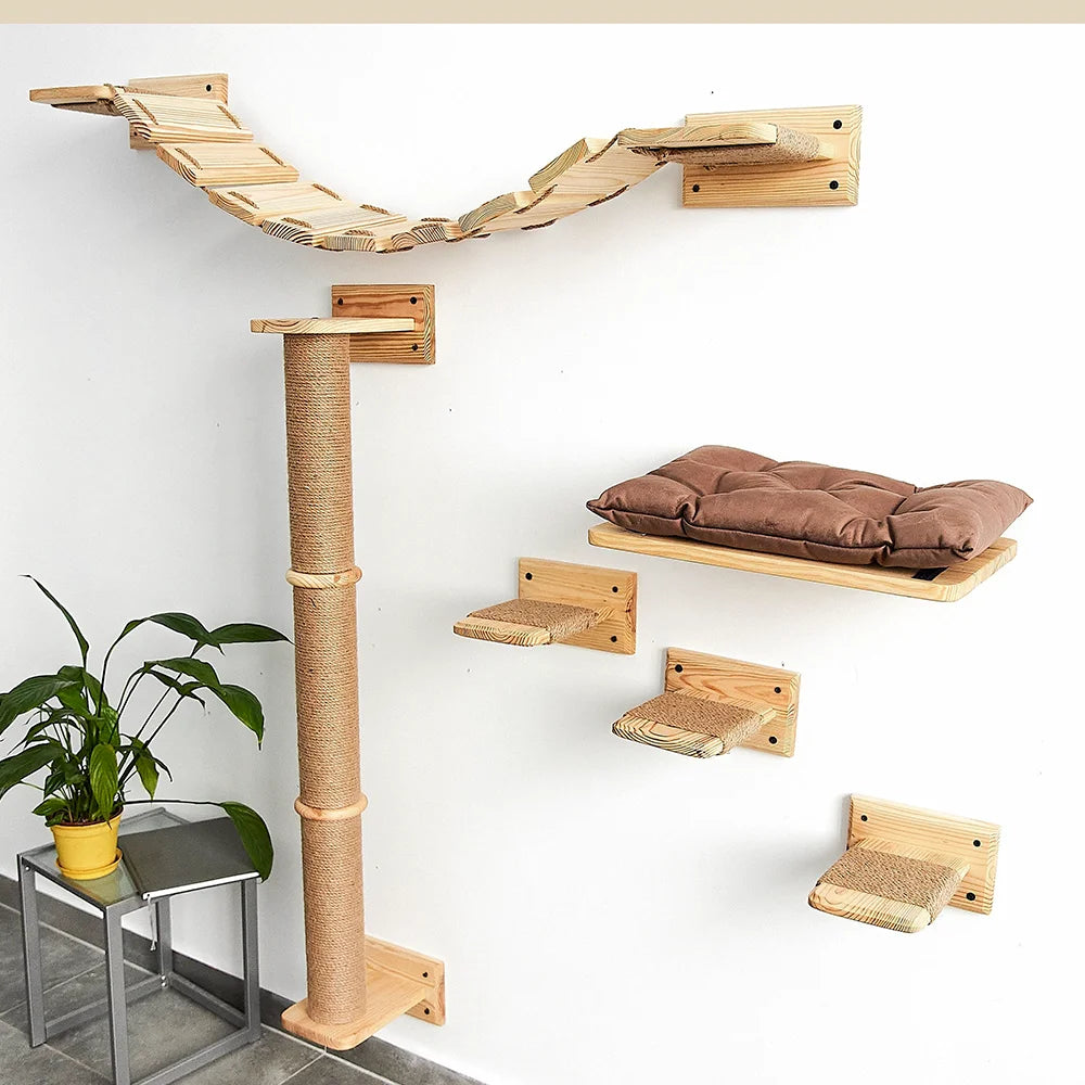 Arbre à Chat Mural Escalade Bois – Étagères Plateforme Saut Hamac Escalier | Aire de Jeux Chaton Mobilier