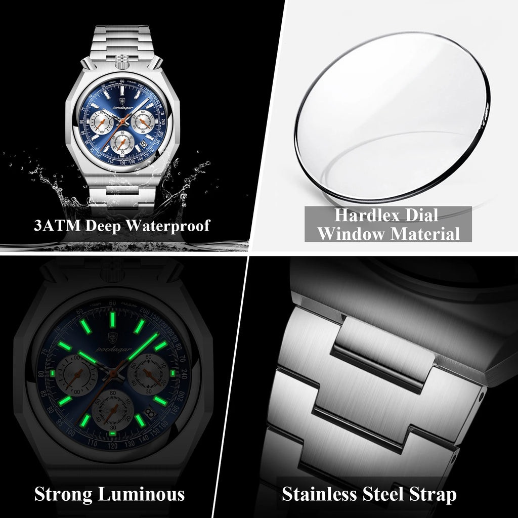 Montre Homme Luxe POEDAGAR Chronographe Militaire Acier Inoxydable Lumineux Étanche + Boîte