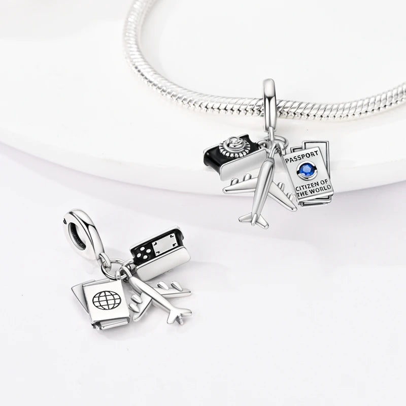Charm Perle Argent 925 DIY — Avion Tour Appareil Photo Bracelet Collier Femme