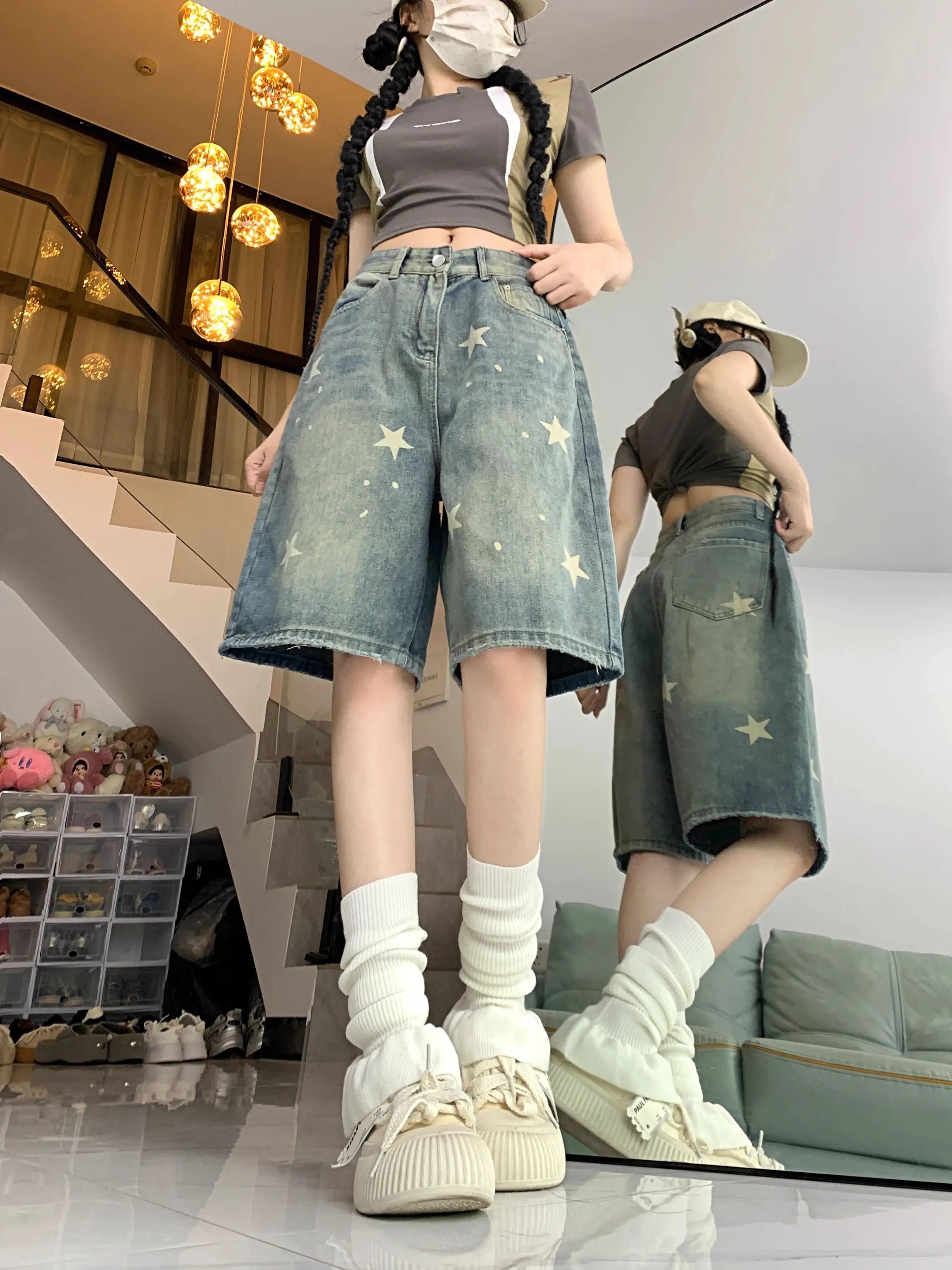 Short Jean Femme Imprimé Floral & Étoiles Style Rétro Américain – Jambe Droite Large Stretch Confortable