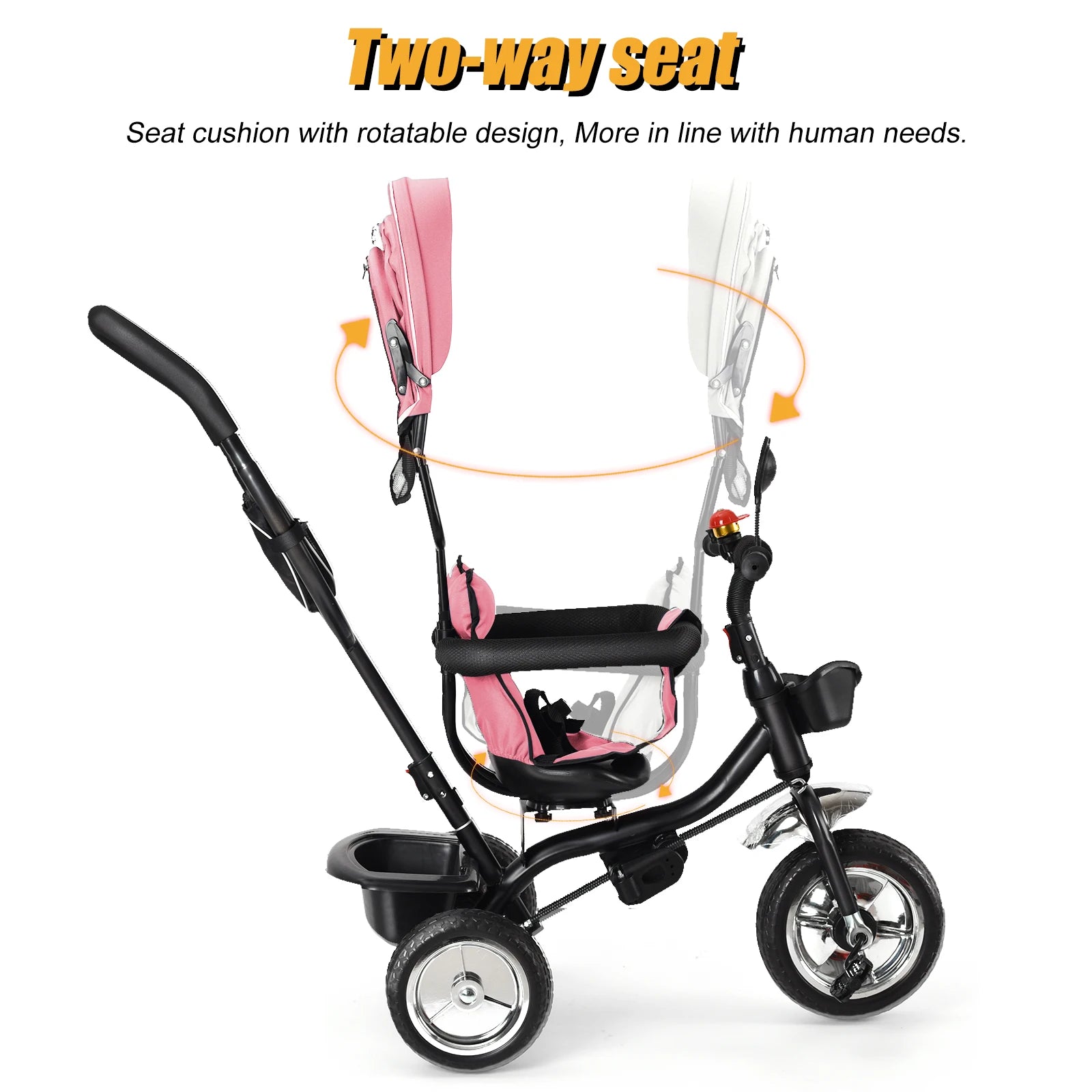 Tricycle Bébé Dès 9 Mois jusqu'à 25 Kg – Barre de Poussée, Siège Rotatif, Auvent Solaire, Porte-Gobelet & Panier | Évolutif